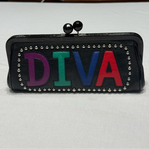 Brighton DIVA CHIC Black Multi Leather Clutch Bag Small Purse Studs Bling Chain - Picture 1 of 8